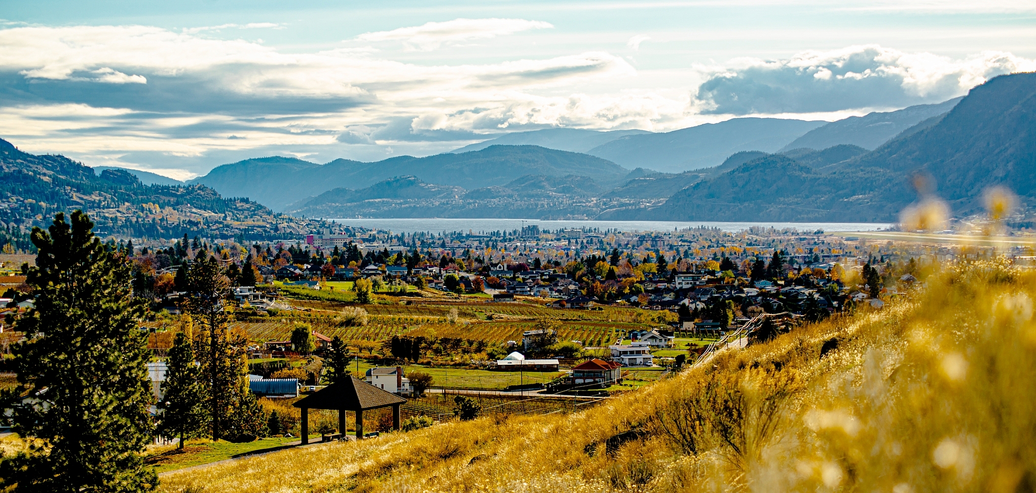 View overlooking agricultural land with a lakeside city backed by mountains in the distance.